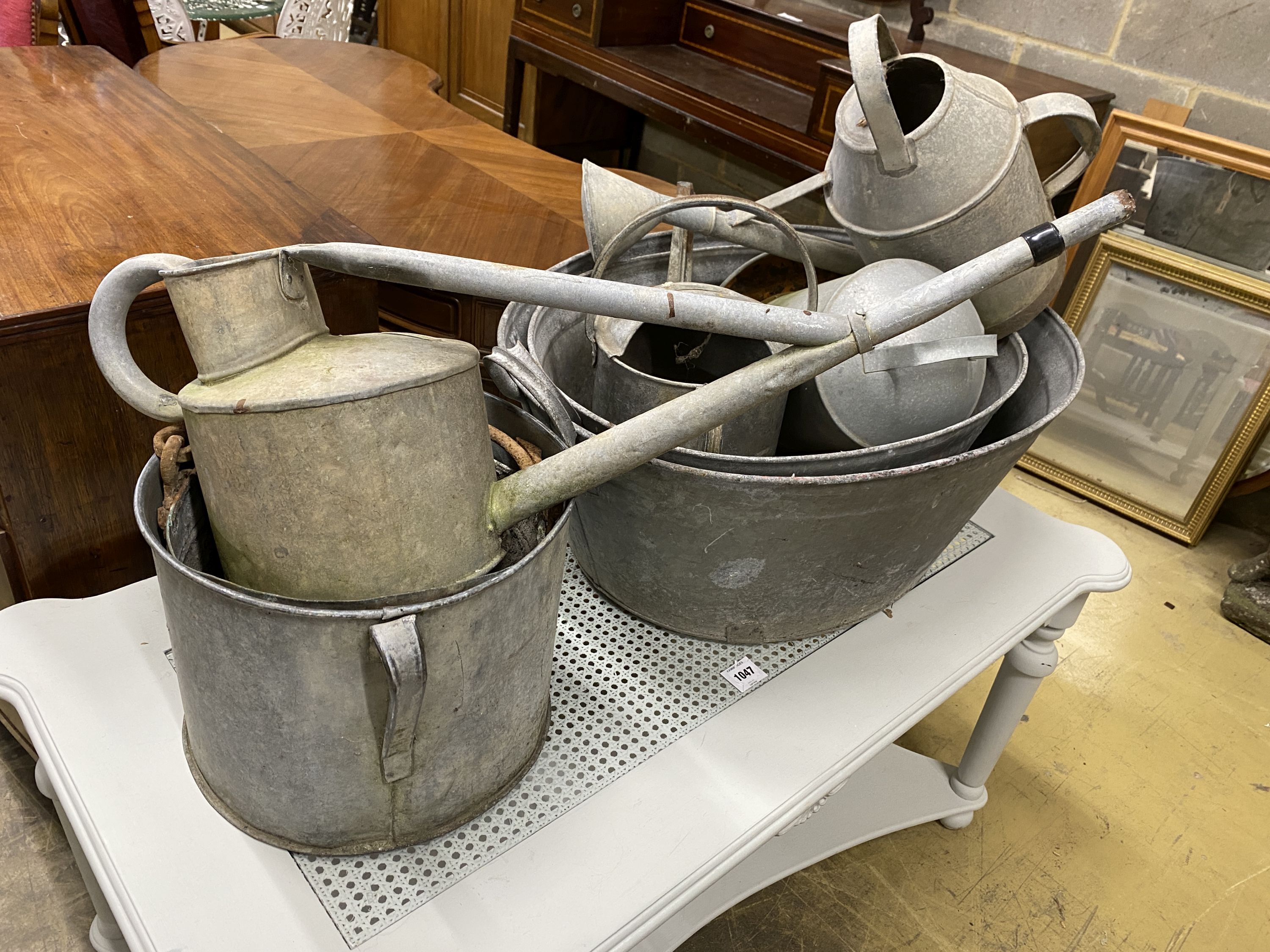 Eight assorted galvanised tubs, feeders and watering cans, largest 80cm, width 56cm - Image 2 of 3