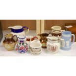 A Royal Doulton Lambeth silver rimmed jug and other various jugs including Copeland, lustreware