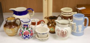 A Royal Doulton Lambeth silver rimmed jug and other various jugs including Copeland, lustreware