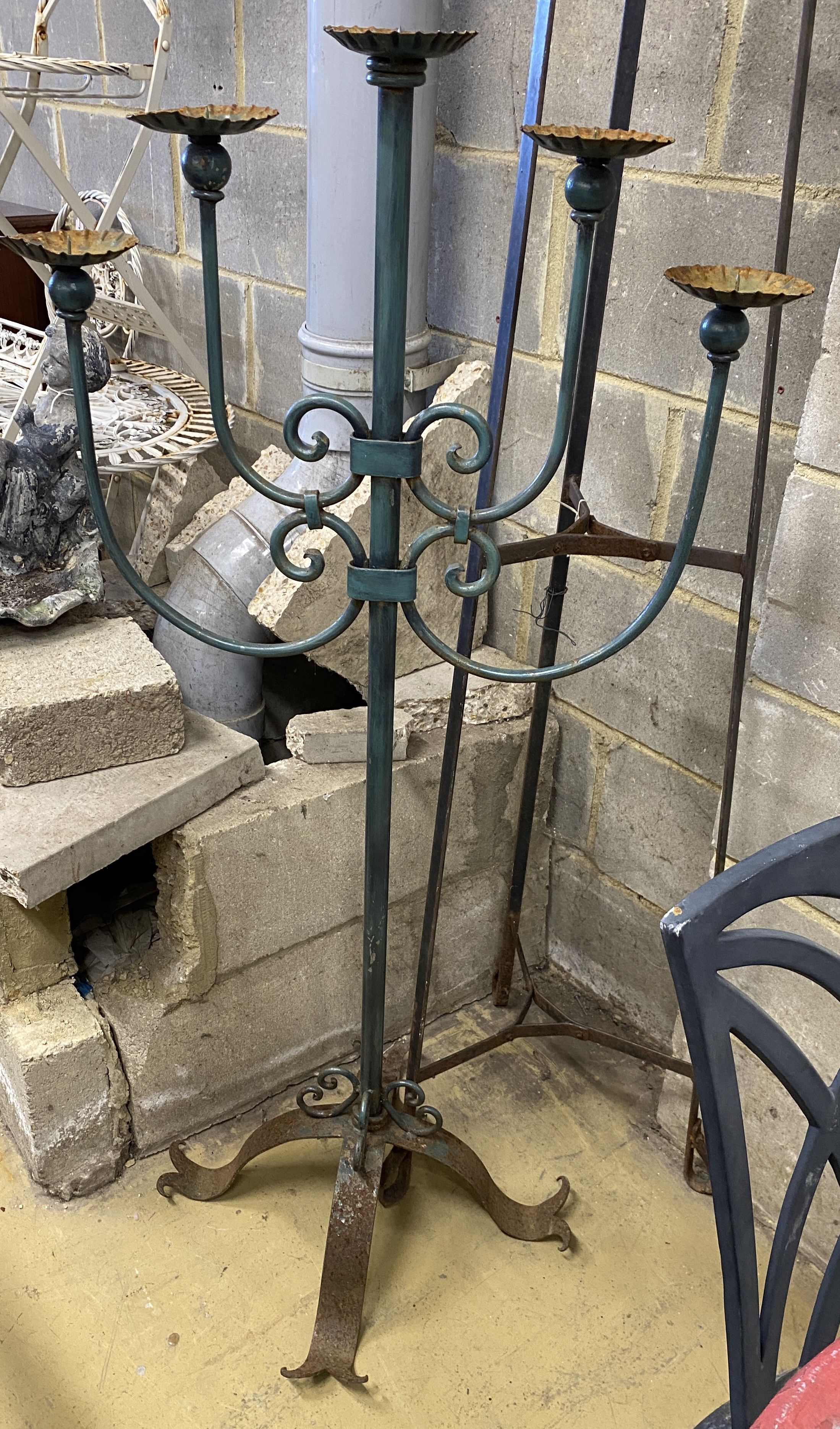 A wrought iron pot stand and large wrought iron five branch floor standing pricket candlestick, - Image 2 of 3