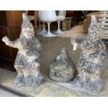 A pair of reconstituted stone garden gnomes, height 62cm together with a seated Buddha
