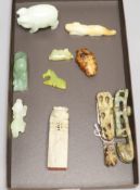 Six Chinese jade and hardstone animal carvings, two 'dragon' belt hooks, a ram's head and a