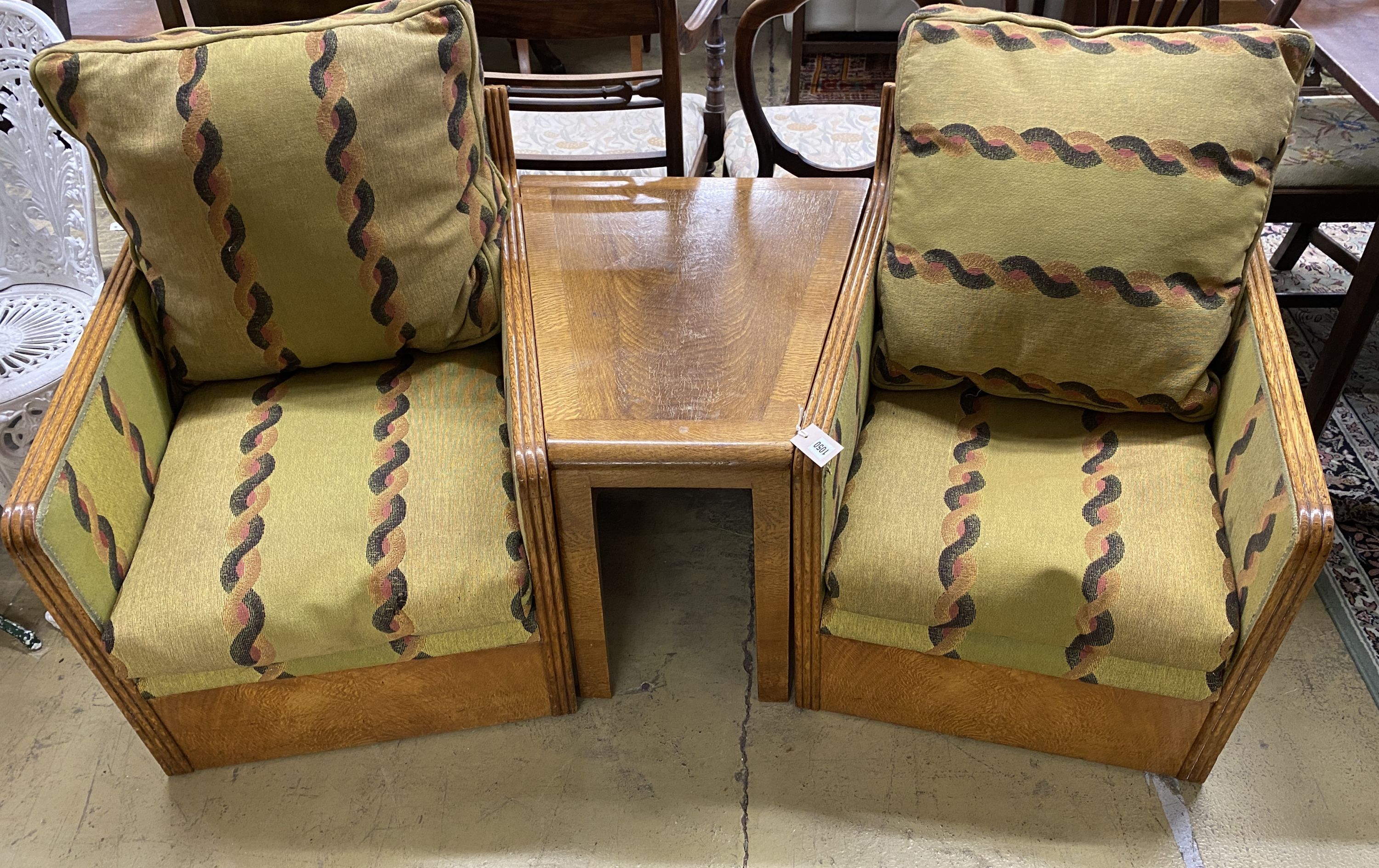 An Art Deco oak three section conversation seat, possibly with its original upholstery, width 170cm, - Image 2 of 5