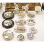 A collection of eleven Pratt pot lids, two Continental porcelain figures and a coronation mug