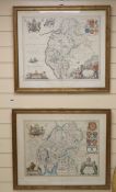 Jan Blaeu, two coloured engravings, Maps of Cumbria and Westmoria, overall 49 x 58cm