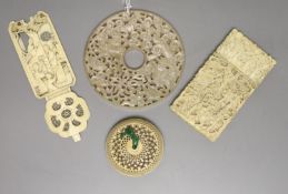 Three pieces of 19th century Chinese export carved ivory to include a card case, a pomander and a