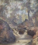 Victorian School, oil on canvas, Waterfall on the River Dart, label verso, 35 x 29cm