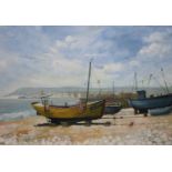 Robert Williams, oil on canvas, Fishing boats on the beach, signed and dated 1977, 70 x 105cm