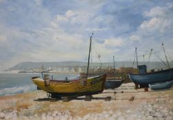 Robert Williams, oil on canvas, Fishing boats on the beach, signed and dated 1977, 70 x 105cm
