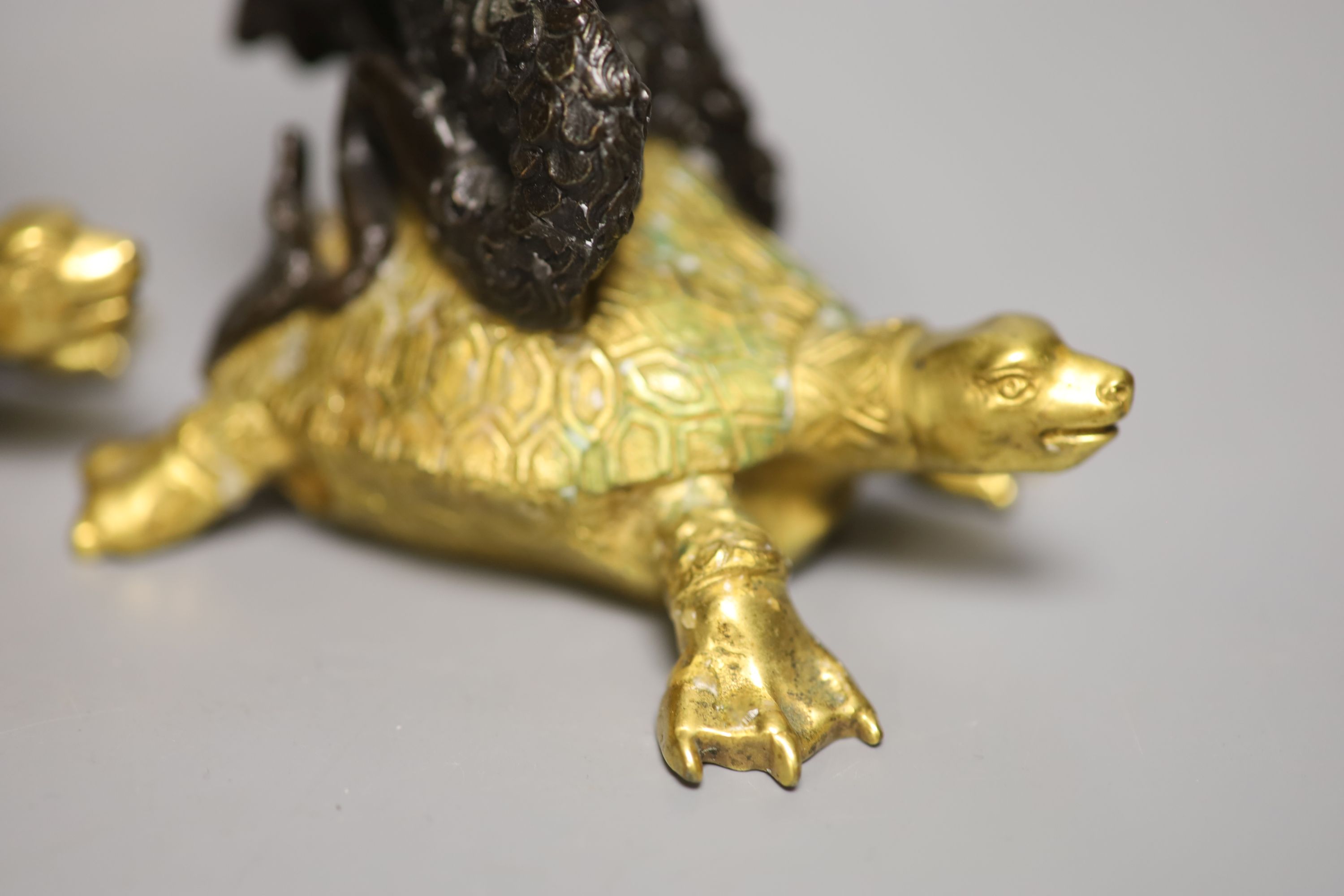 Two bronze and gilt metal candlesticks, modelled as Triton riding a tortoise, height 16.5cm - Bild 3 aus 3