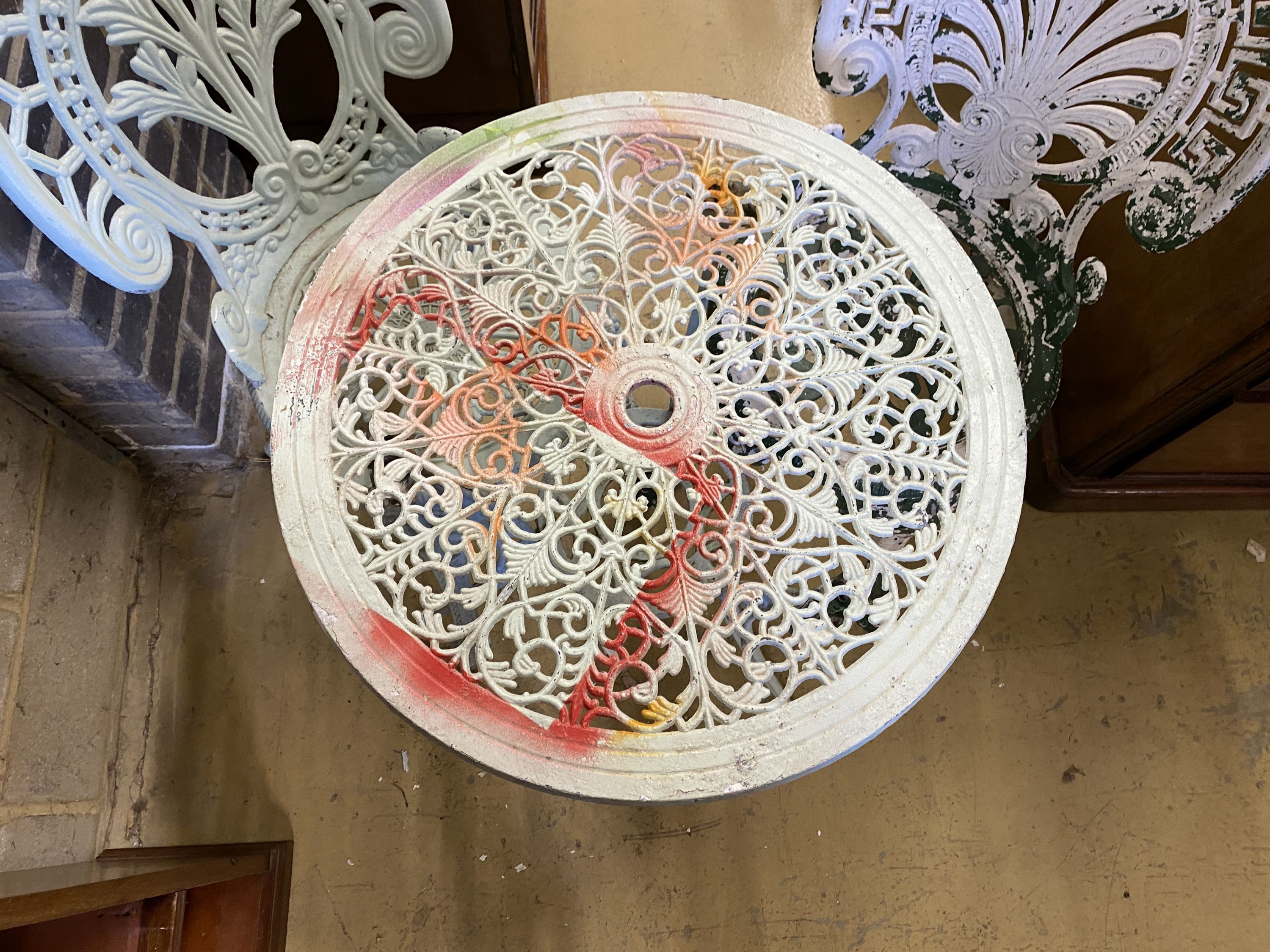 A painted aluminium circular garden table, 60cm diameter and two chairs - Image 2 of 3