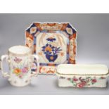 A Dresden porcelain three handled cup, an Imari dish and one other dish