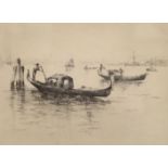 English School, etching, Gondoliers off Venice, indistinctly signed, 33/95, 23 x 30cm and a print by