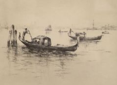 English School, etching, Gondoliers off Venice, indistinctly signed, 33/95, 23 x 30cm and a print by