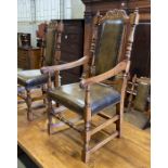 A set of ten 18th century style oak brown leather dining chairs (two with arms)
