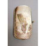 A 19th century mother of pearl figuratively carved purse/case, height 12cm