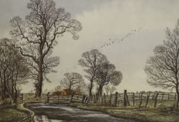 Edward Stamp, R.I., (b.1939-), ink and watercolour, 'Gated road, Quarrendon, Buckinghamshire',