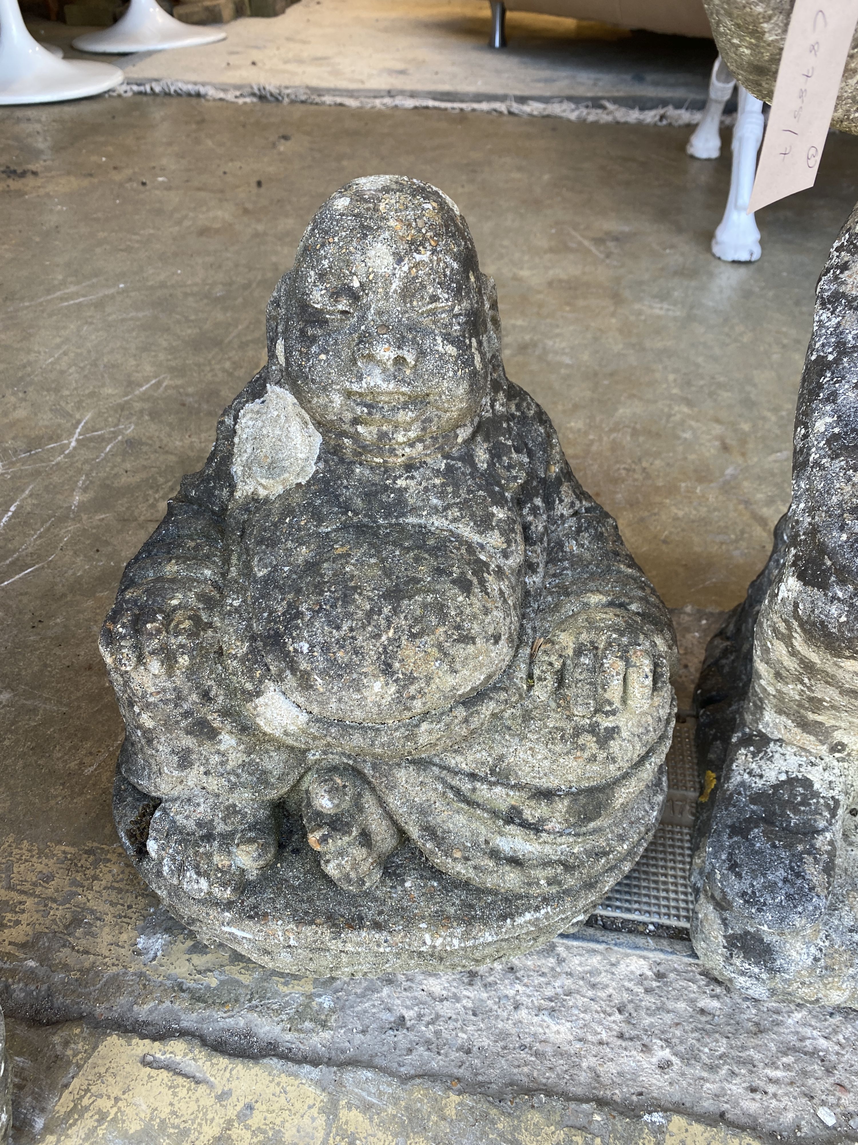 A pair of reconstituted stone garden gnomes, height 62cm together with a seated Buddha - Image 4 of 4