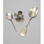 A novelty 900 white metal donkey match holder, a Victorian silver fiddle pattern dessert spoon and
