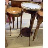 An Edwardian white marble topped jardiniere stand and a late 19th century French marquetry inlaid