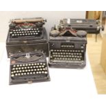 Three vintage typewriters: Underwood Standard portable, Remington Portable and Royal Typewriter