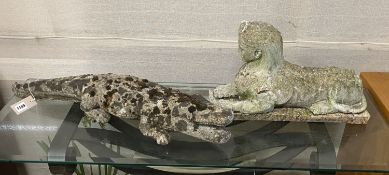 Two reconstituted stone garden ornaments, one of a crocodile, 76cm long the other a sphinx, 48cm