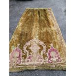 A pair of olive green velvet curtains with brocade border, length 260cm, width 155cm