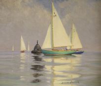 Deryck Foster (1924-2011), oil on board, Study of two XOD class racing yachts 'Julia' and '