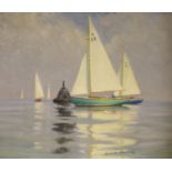 Deryck Foster (1924-2011), oil on board, Study of two XOD class racing yachts 'Julia' and '