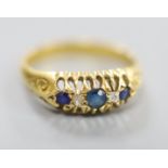 A George V sapphire and diamond ring, 18ct gold shank, size L/M, gross 3 grams.CONDITION: Both