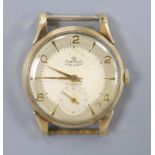 A gentleman's 9ct gold Smiths de Luxe manual wind wrist watch, no strap, case diameter 32mm, gross