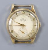 A gentleman's 9ct gold Smiths de Luxe manual wind wrist watch, no strap, case diameter 32mm, gross