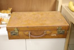 A gentleman's Edwardian leather cased travelling toilet set, including silver mounted glass toilet