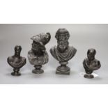 Two pairs of spelter busts, tallest 15cm