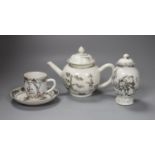A Chinese grisaille teapot, 14cm high tea caddy and cover and a coffee cup and saucer, Qianlong
