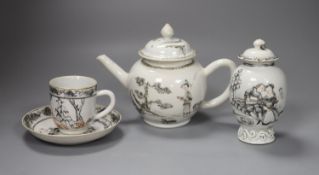 A Chinese grisaille teapot, 14cm high tea caddy and cover and a coffee cup and saucer, Qianlong