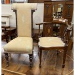 A Victorian carved mahogany framed prie dieu and an Edwardian inlaid mahogany corner elbow chair