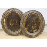 19th century German School, pair of oils on zinc, Tavern interiors, oval, 20 x 16cm