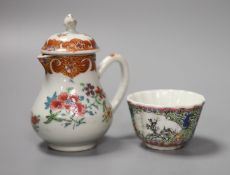 A Chinese famille rose cup, Yongzheng, a similar jug and cover, tallest 11cm