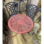 A circular painted aluminium garden table, 60cm diameter together with two garden chairs
