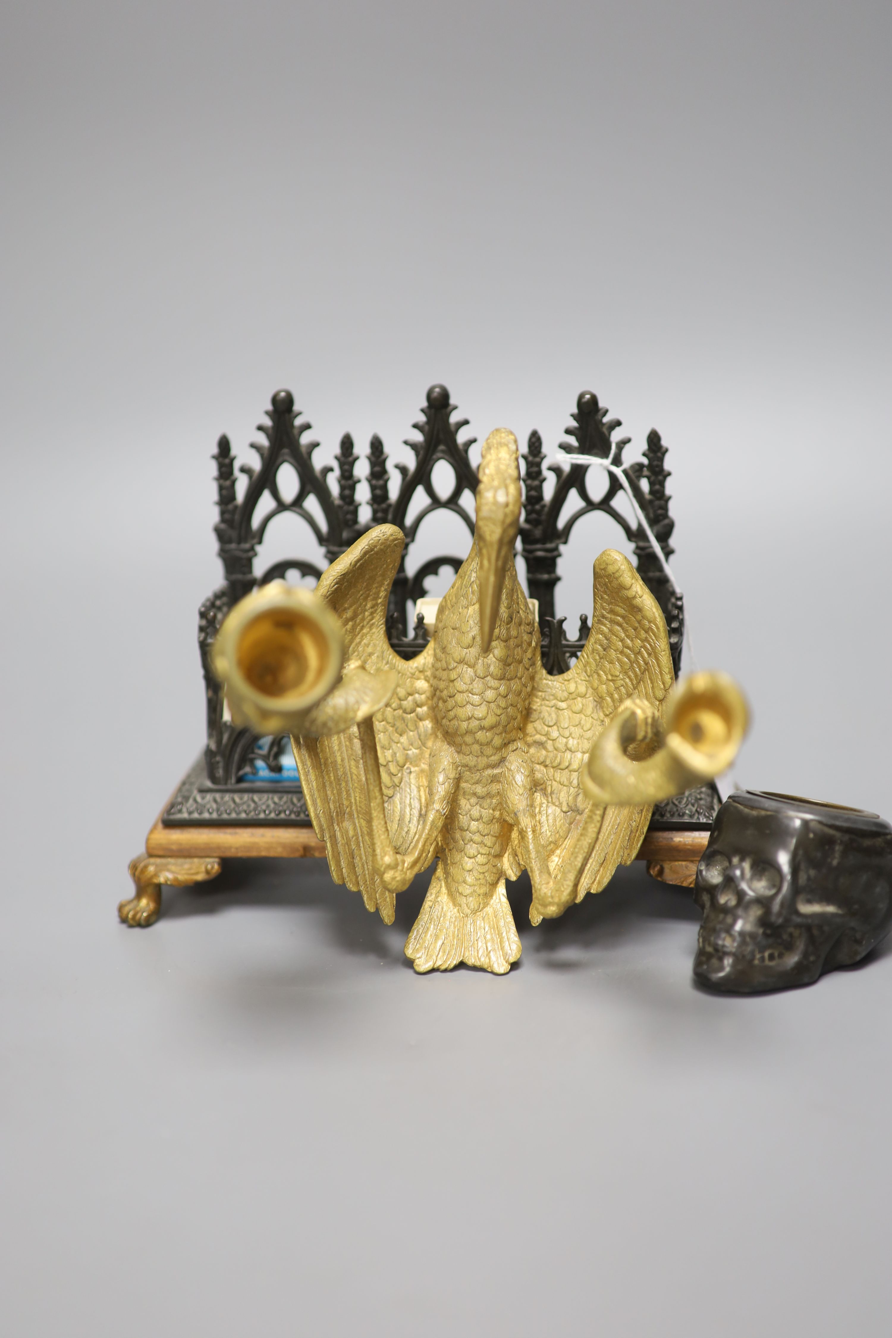 A novelty skull inkwell letter rack and a crane two branch candlestick - Image 4 of 5