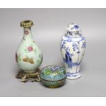 A 19th century Chinese famille rose and ormolu mounted vase, a blue and white vase and a cloisonne