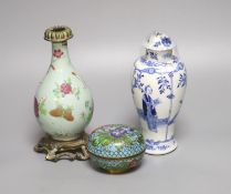A 19th century Chinese famille rose and ormolu mounted vase, a blue and white vase and a cloisonne