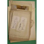 A folio of assorted watercolour sketches, drawings and prints, mostly 19th century