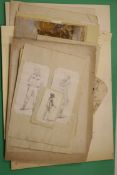 A folio of assorted watercolour sketches, drawings and prints, mostly 19th century