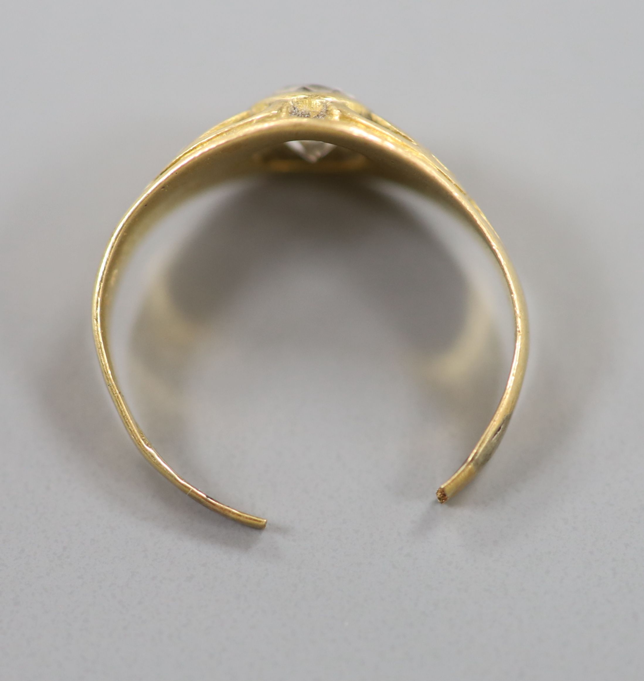 A yellow metal(tests as 18ct) and white stone set ring, cut, gross 2.2 grams. - Image 2 of 2