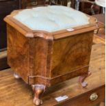 A Victorian mahogany buttoned box topped stool (formerly a commode), width 46cm, depth 40cm,