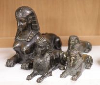 A small pair of bronze sphinx, another and a spelter ditto, tallest 20cm