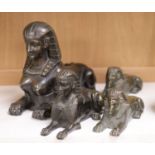 A small pair of bronze sphinx, another and a spelter ditto, tallest 20cm