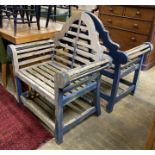 A pair of Lutyens style weathered teak garden chairs, width 94cm, depth 62cm, height 104cm